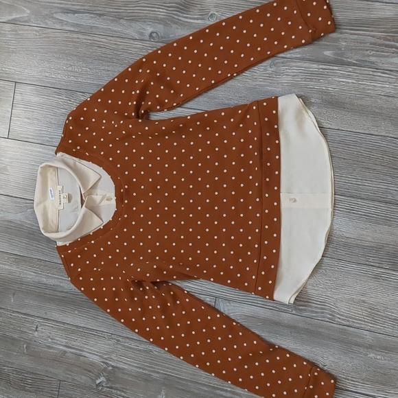 Monteau Tan and Cream Polka Dot Collared Sweater Small - Picture 2 of 6